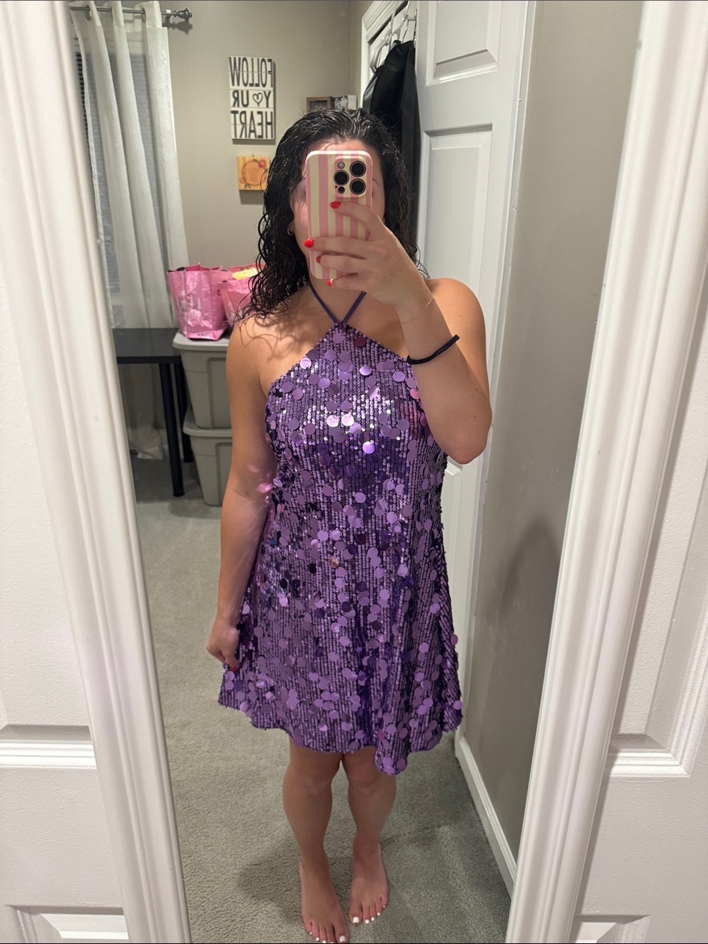 Girls' Purple Sequin Halter Dress